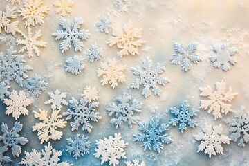 Fractal snowflake structures in dusty blue and pale yellow scattered across a textured soft background, 
