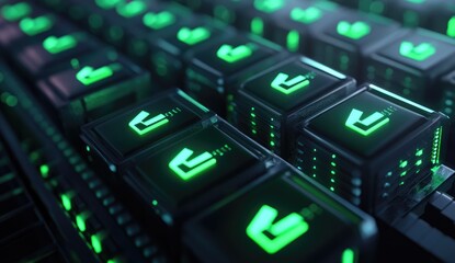 Close-up of glowing green cubes, futuristic tech array