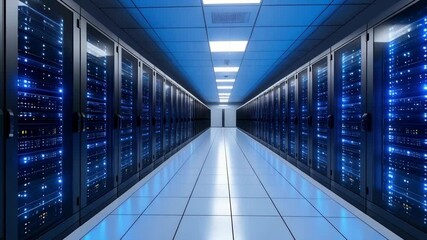 Illuminated server room interior with rows of computer racks for data storage, IT infrastructure, modern technology and cyber security. - Powered by Adobe