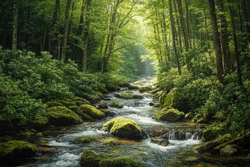 Sunlit forest stream flowing over moss-covered rocks surrounded by lush green trees and foliage, creating a peaceful and serene nature scene