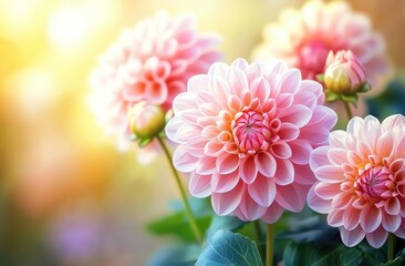 Soft pink dahlia blossoms in sunlight