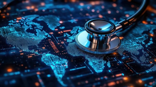 Close-up of a metallic stethoscope placed on a digital world map with illuminated circuit patterns symbolizing global health technology and connectivity - Powered by Adobe