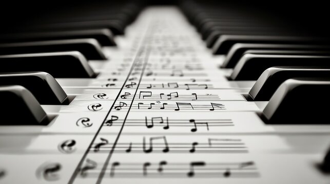 Close-up piano keys with sheet music