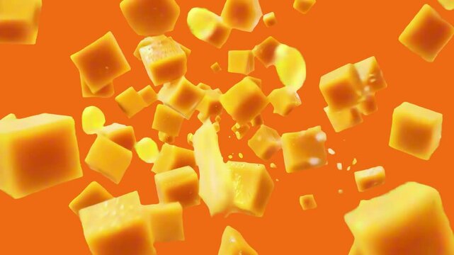 Vibrant mango cubes explosion animated overlay, transparent 4K video, alpha channel, ProRes 4444
