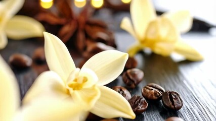 Elegant vanilla flowers with pods, star anise, and roasted coffee beans on dark surface showcase aromatic and culinary spice elements.