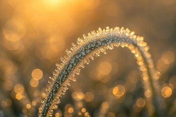 Dew-covered grass stem in golden morning light