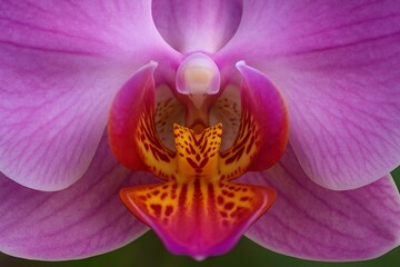 Close up of vibrant pink orchid flower center