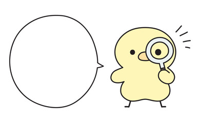 虫眼鏡を覗いて何かに気づく可愛いひよこと吹き出しのイラスト