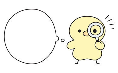 Obraz premium 虫眼鏡を覗いて何かに気づく可愛いひよこと吹き出しのイラスト