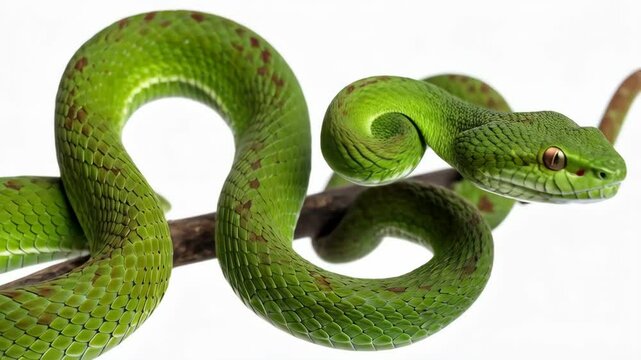 Bright green pit viper resting and coiled on a branch against clean white background close-up in a wildlife studio shot