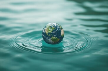 Earth model resting gently on rippled water surface