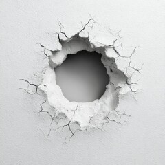 A close-up shot of a roughly circular hole in a light-grey, textured surface, surrounded by radiating cracks.  The hole's edges are irregular and crumbled