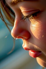 Close-up of a child's face showing delicate skin texture, eyelashes, and a tear drop reflecting soft natural light.