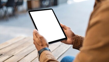 Man holding tablet with cafe background.