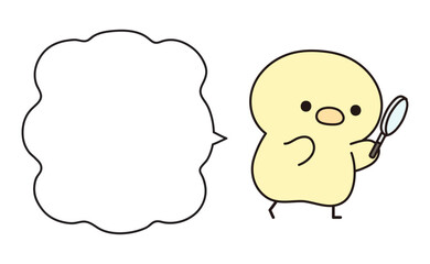虫眼鏡で何かを観察する可愛いひよこと吹き出しのイラスト