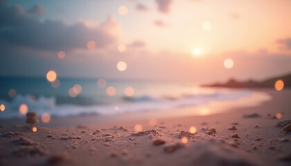Calm Beach Scene at Sunset with Soft Bokeh Light Effect