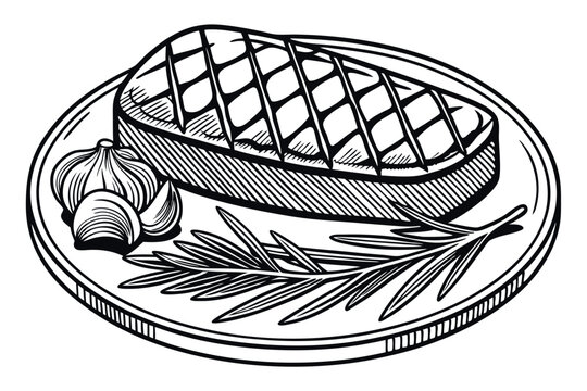 black and white steak on plate with herbs clip art preview