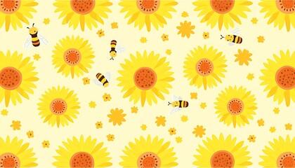 Bright Sunflower and Bee Pattern Design on Pale Yellow Background