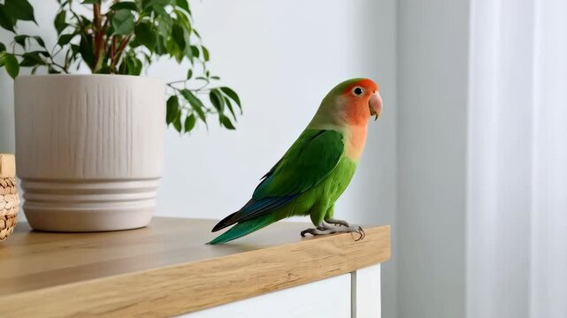 Cute peach-faced lovebird perched on a wooden surface with a plant in background, adding a touch of nature and vibrant colors to the interior.