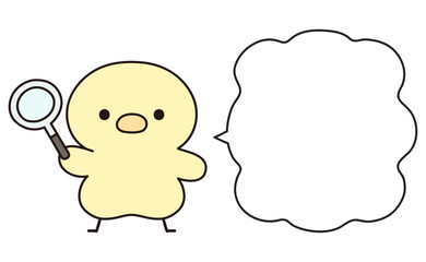 虫眼鏡を手に持つ可愛いひよこと吹き出しのイラスト