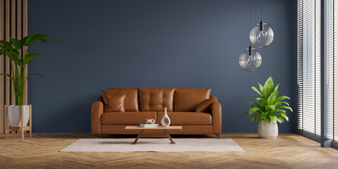 Modern living room with leather sofa and indoor plants- 3D rendering