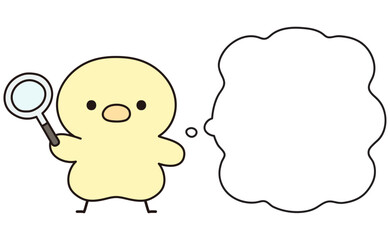 虫眼鏡を手に持つ可愛いひよこと吹き出しのイラスト