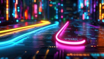 Futuristic city street with vibrant neon lights and glowing circuitry