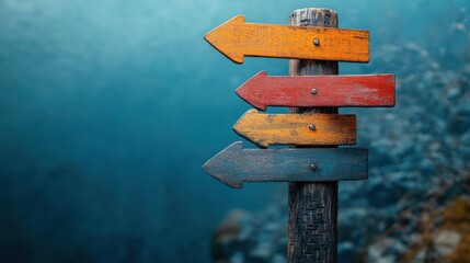 Four colorful wooden directional signs pointing left on a weathered post with a blurred natural background creating a sense of choice and exploration