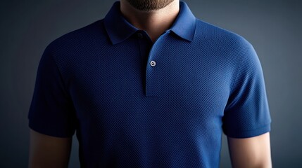 Close-up of a man wearing a textured blue polo shirt with a collar and buttons against a dark background