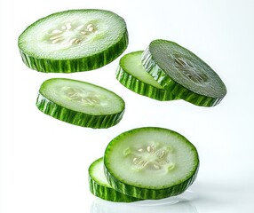 Fresh green cucumber slices floating in the air against a white background showing seeds and textured skin