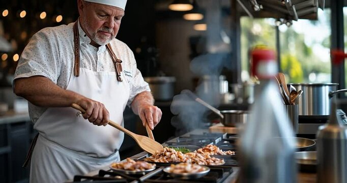 Male chef in white apron and toque prepares food on a modern kitchen stove. He uses wooden spoons to stir ingredients in small pans. Warm lighting