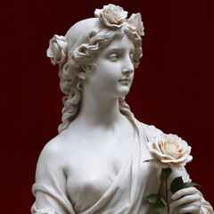 Marble Statue of Serene Young Woman with Rose Crown, Classical Sculpture in Red Background