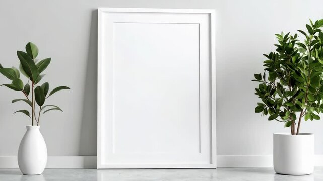 Bright minimalist interior design with white frame, green plant in vase and pot on gray marble floor against white wall for artwork mockup