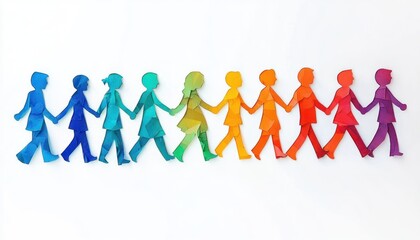 Row of connected paper cut-out figures holding hands in a rainbow gradient from blue to purple symbolizing unity and diversity