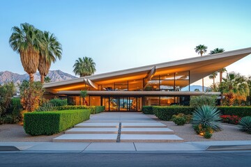 Fototapeta premium Modern architectural building with expansive angled roof, large glass windows, surrounded by palm trees and desert landscaping with clear sky and mountains in the background