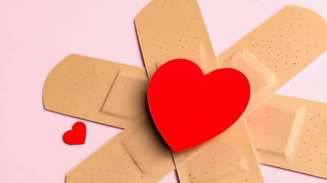 Concept shot of adhesive bandages in a cross with paper heart shapes against a vivid magenta backdrop, symbolizing healing and love.