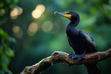 Obraz premium black cormorant bird perched on a mossy tree branch with blurred green foliage background in natural light