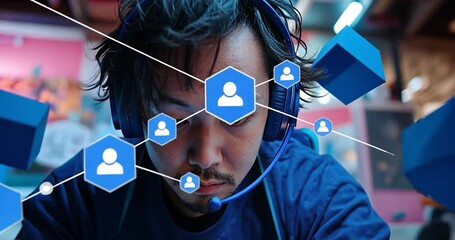 Close up of a man wearing blue headphones, with blue cubes and profile icons floating around him. Neon lighting and digital effects create a futuristic vibe - Powered by Adobe
