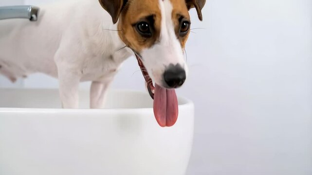 Jack Russell terrier dog stands in a white bathtub, panting with open mouth and long tongue out on white background.