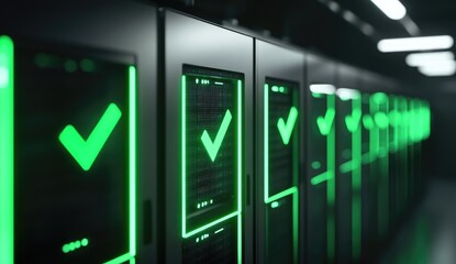 Obraz premium Server racks with glowing green checkmarks (1)