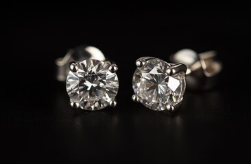 Close-up of elegant diamond stud earrings on a black background