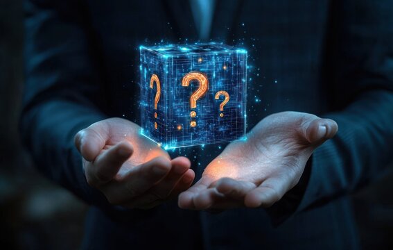 Person holding a glowing futuristic holographic cube with multiple question marks symbolizing mystery and uncertainty - Powered by Adobe