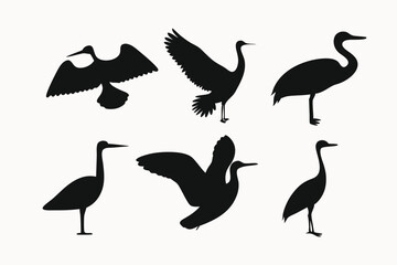 Naklejka premium Collection of Heron Bird Silhouettes Elegant Black and White Vector Illustrations