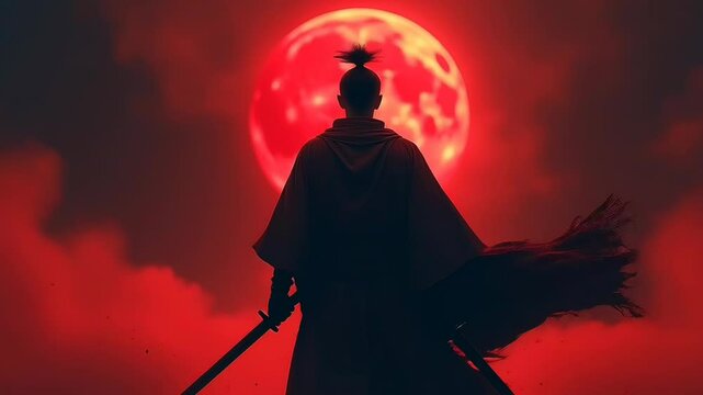 Lone warrior stands before glowing red full moon

