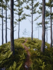 Fototapeta premium Misty forest path winding upward