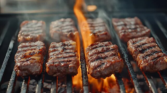 Close Up Eight Square Cut Seasoned Beef Steaks On Charcoal Grill With Flames And Smoke For Grilling Experience