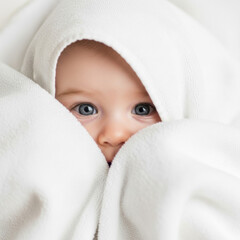 Cute baby peeking from white blanket adorable infant with blue eyes newborn baby photography close up shot