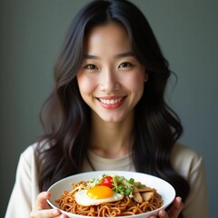 Joyful Asian Woman Holding Plate of Instant Noodles with Egg and Vegetables &ndash; Realistic Food Portrait