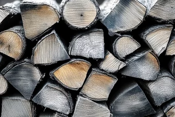 Fototapete Rund Close-up view of stacked split firewood logs with natural wood textures and varying shades of brown and gray © btiger