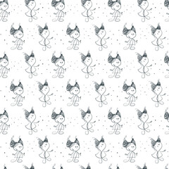 Seamless pattern with two girls. Sketch style. White background with circles. Monochrome
